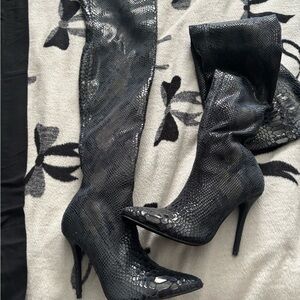 Fashion Nova Black Snakeskin Over the Knee Boots
